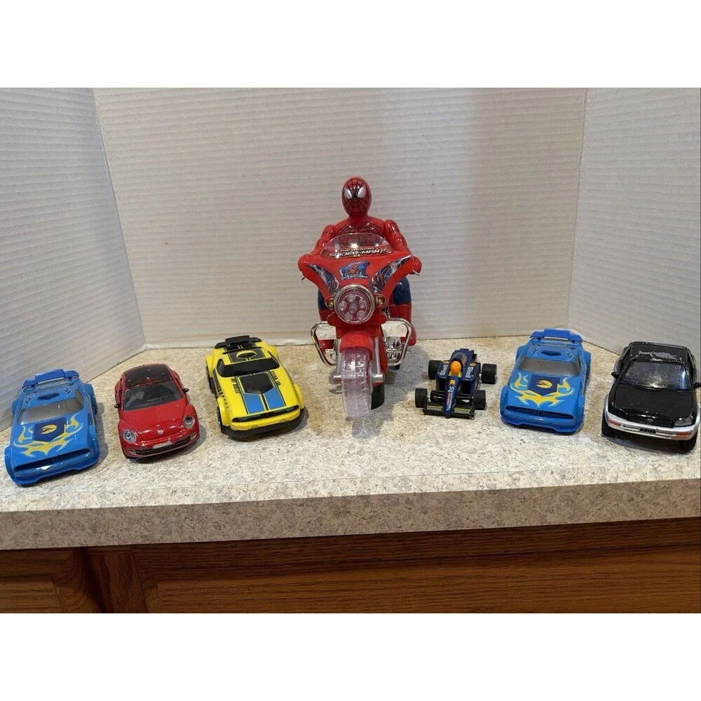 Hot Wheels Toy Car Lot of 6 + Spider-Man Motorcycle Figure Bump N Go